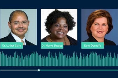 Podcast graphic of Dr. Luther Clark, Dr. Marya Shegog and Dana Dornsife