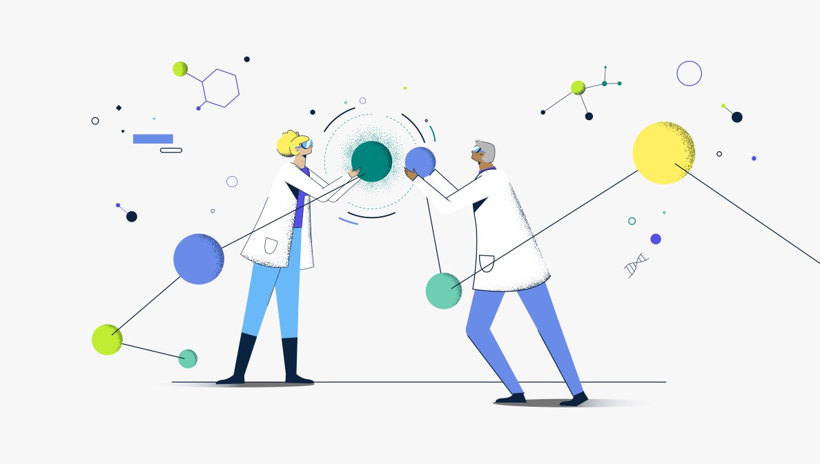 Two scientists appear in scientific illustration