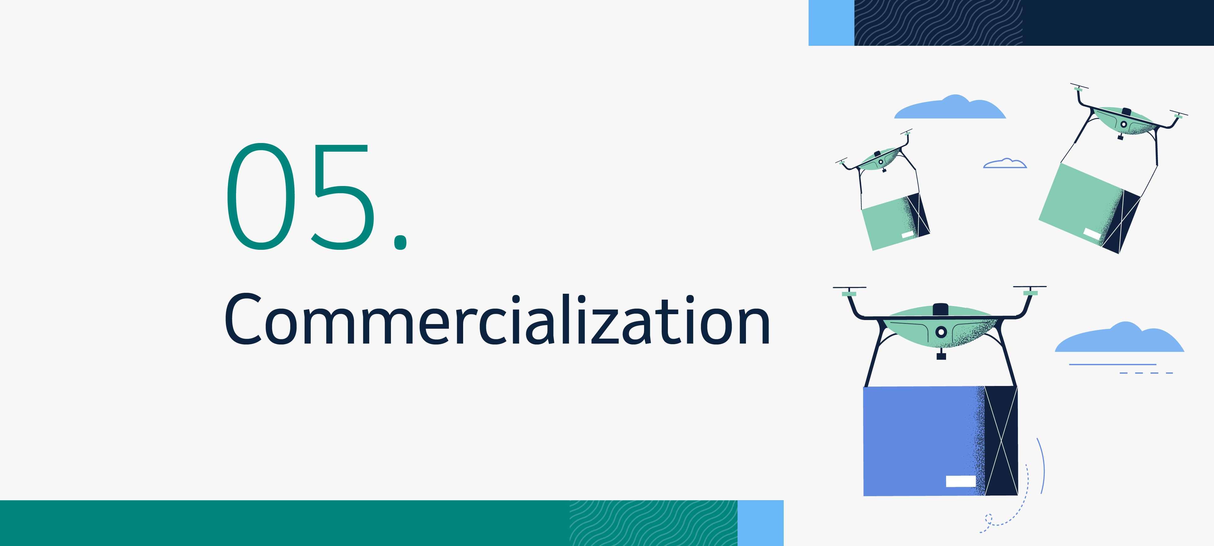 Illustration of packages being delivered by drones -- Commercialization