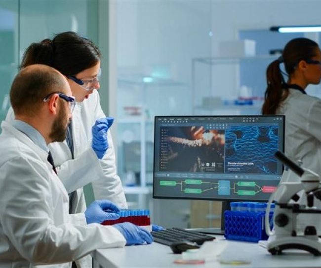 Scientists at computer