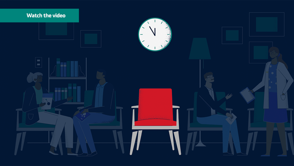 Illustration of a chair with a clock above it and shadows of patients in the background. A banner says 'watch the video.