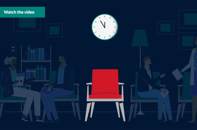 Illustration of a chair with a clock above it and shadows of patients in the background. A banner says 'watch the video."