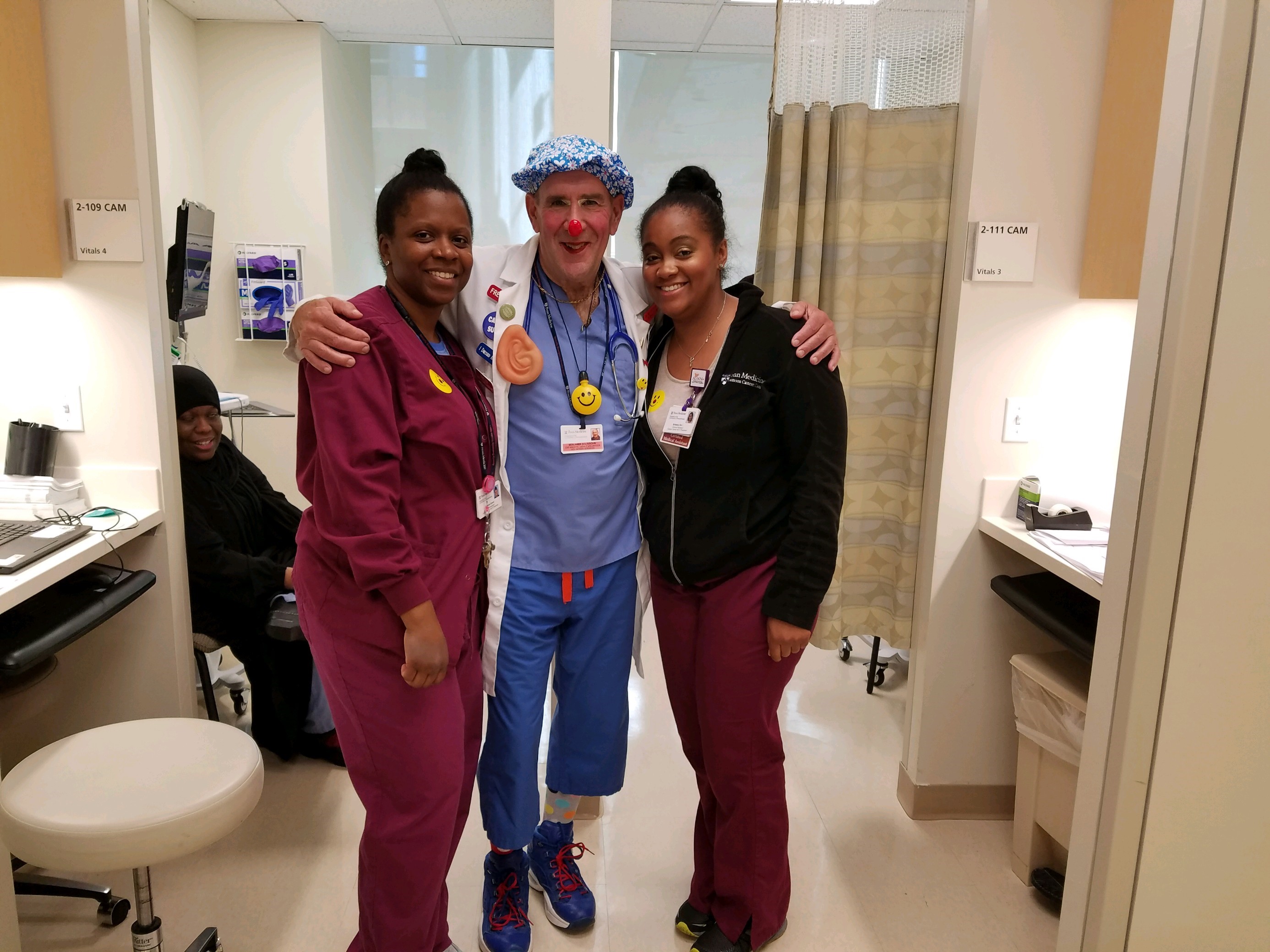 Male cancer survivor dressed as Dr B Happy Clown