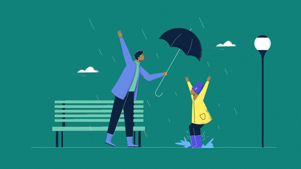 Illustration of man covering a woman with his umbrella during the rain
