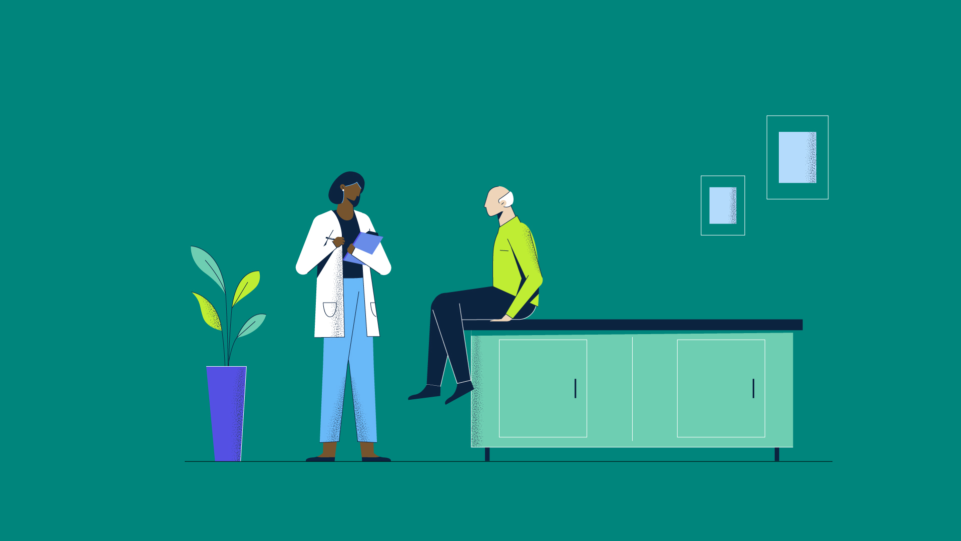 MSD branding illustration of a patient talking to doctor in office