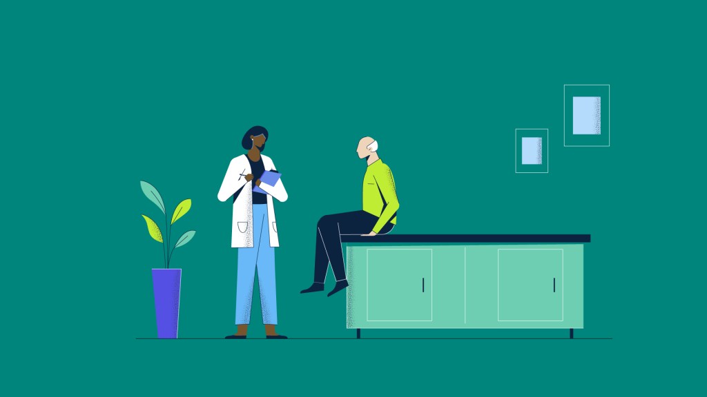 Illustration of a patient talking to doctor in office