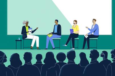 Illustration of leaders speaking on stage