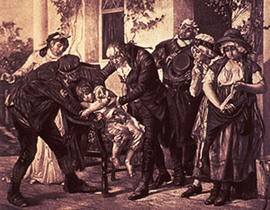 Dr. Edward Jenner inoculating 8-year-old James Phipps with cowpox