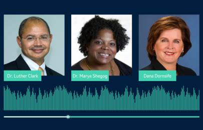 Podcast graphic of Dr. Luther Clark, Dr. Marya Shegog and Dana Dornsife