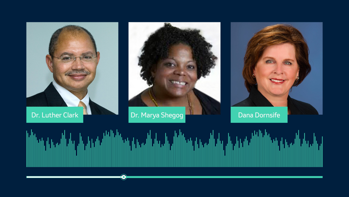 Podcast graphic of Dr. Luther Clark, Dr. Marya Shegog and Dana Dornsife
