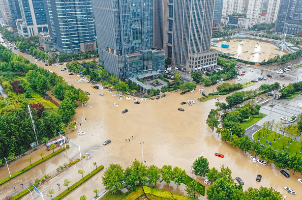 aerial view of the flooded streets in China