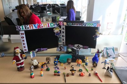 Angie's desk filled with toys
