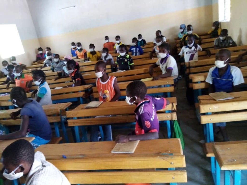 children in Konkourona sitting in new classroom