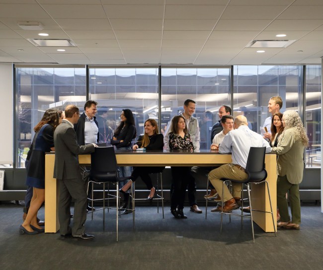 group of MSD men and women talking in office