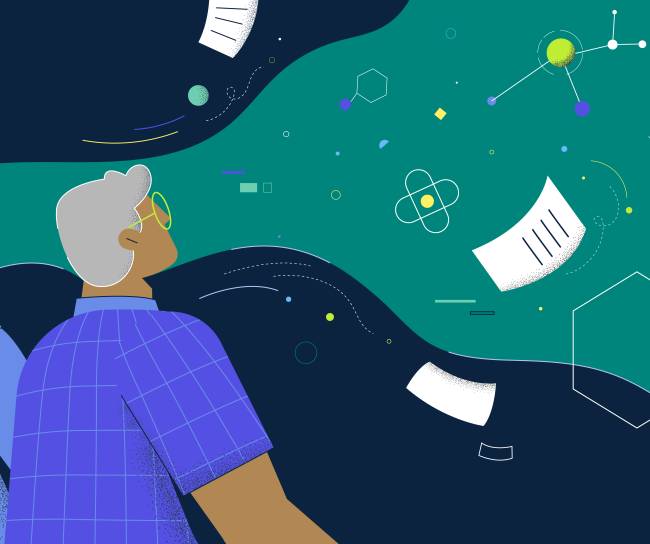 illustration of man and woman looking at flying papers