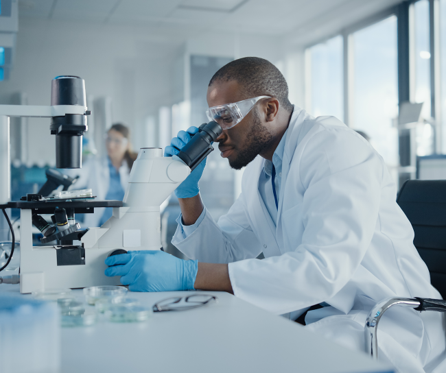 Scientist looks into microscope