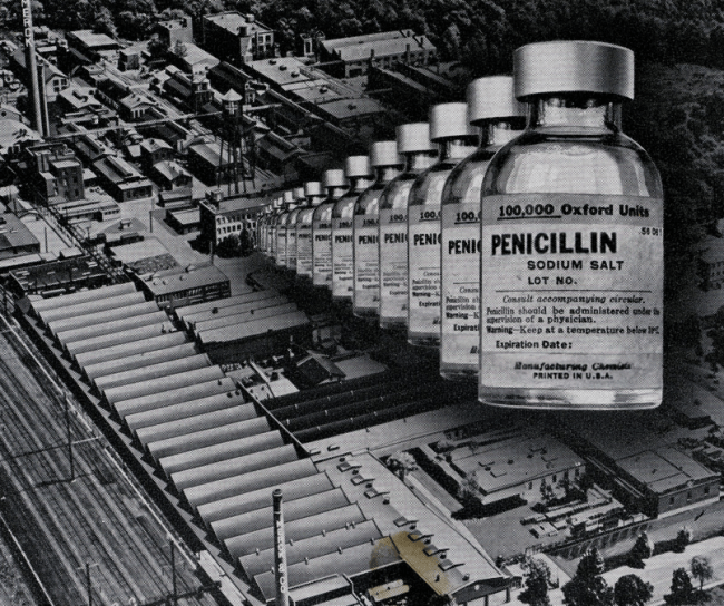 Penicillin vials on a manufacturing line