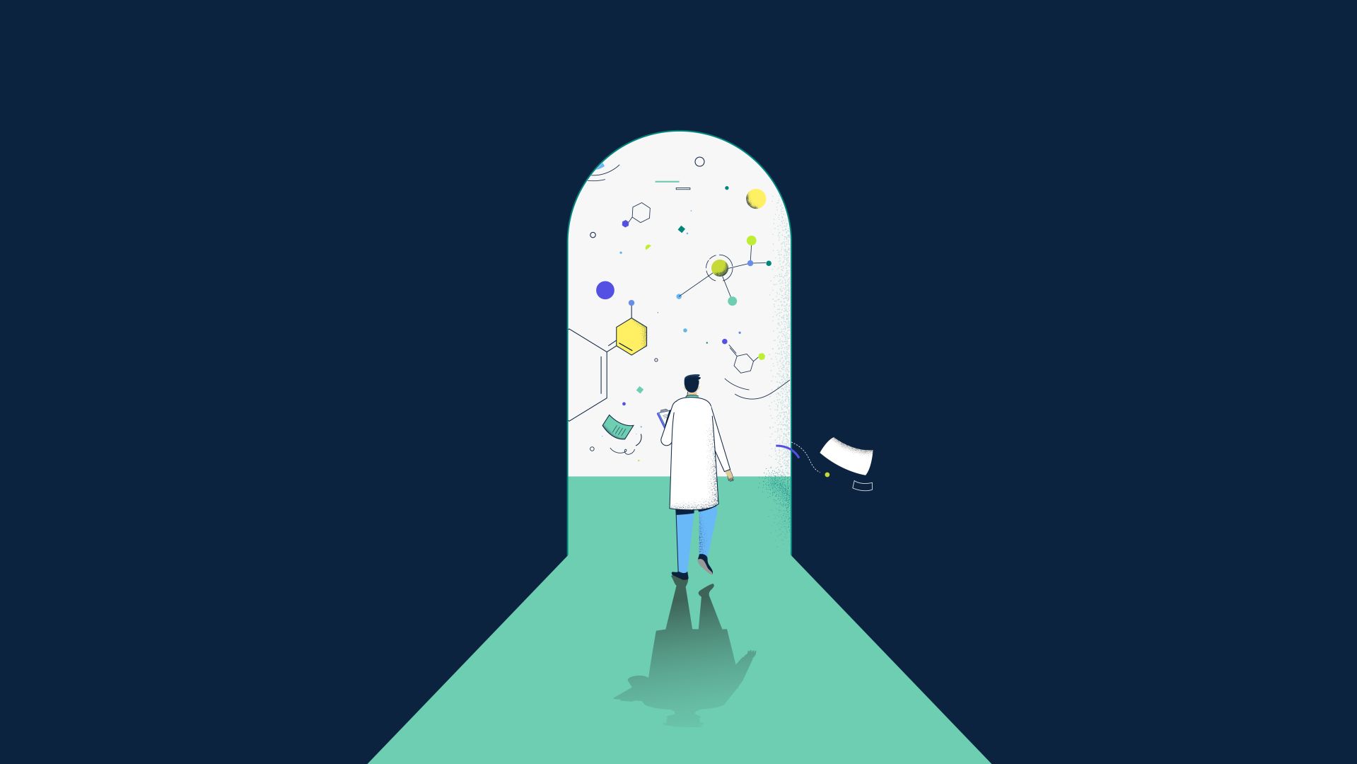 Illustration of person looking out of doorway at scientific possibilities