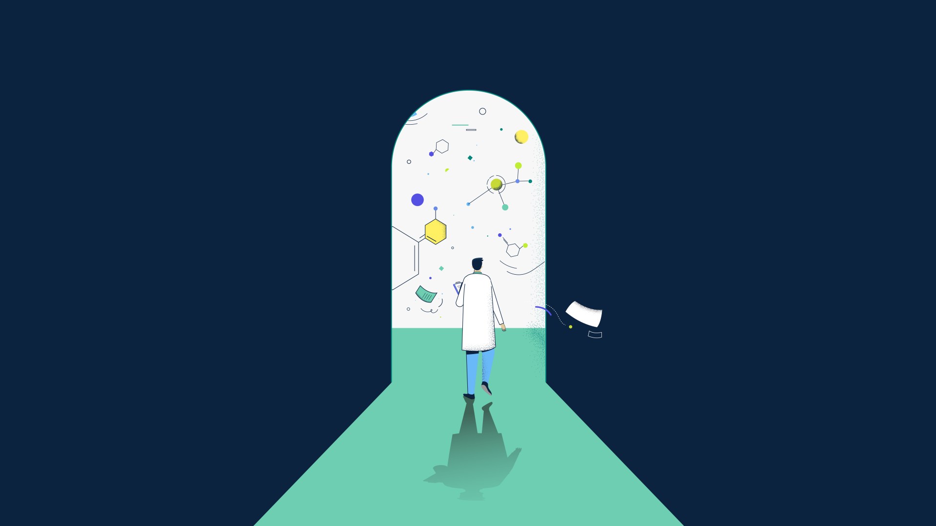Illustration of person looking out of doorway at scientific possibilities