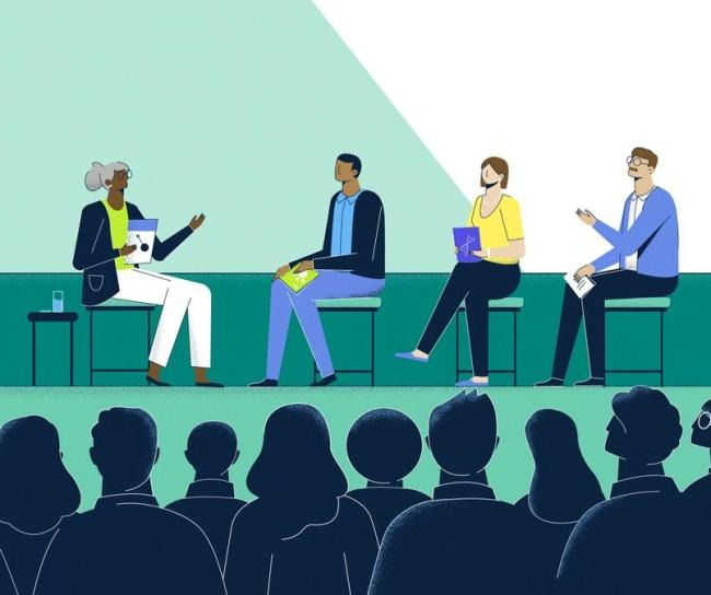 illustration of leadership speaking panel