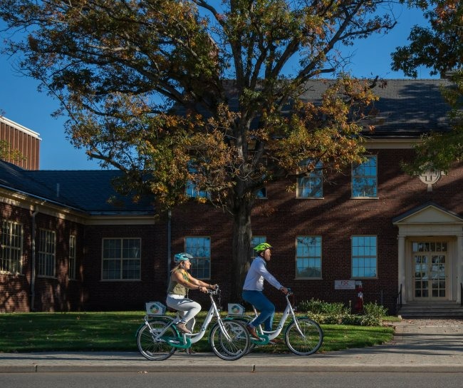 Employees riding bikes