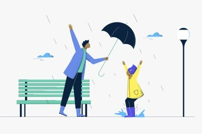 illustration of man in rain holding umbrella over child