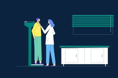 illustration of doctor weighing patient on scale