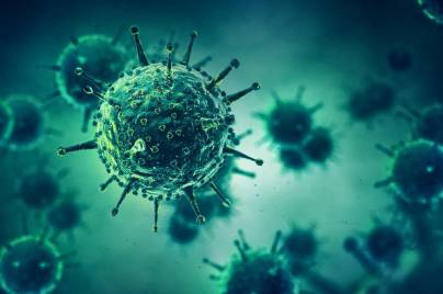Magnified illustration of spherical virus particles with spike-like protrusions against a green-blue gradient background.