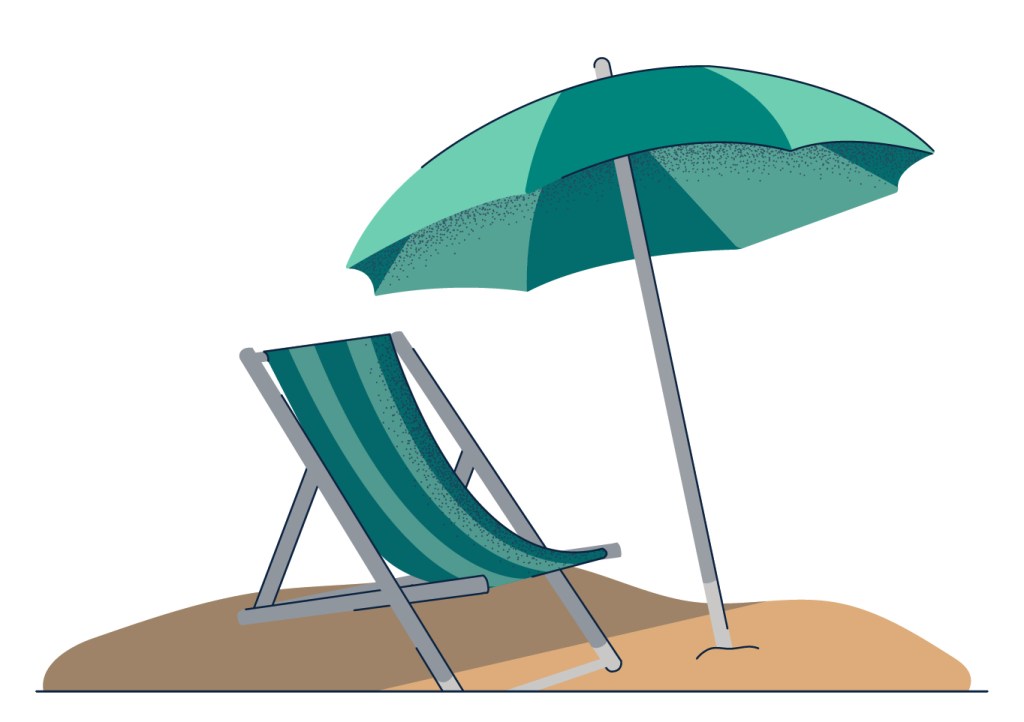 illustration of beach chair and umbrella on the sand.