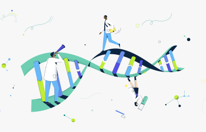 illustration of a helix with scientists