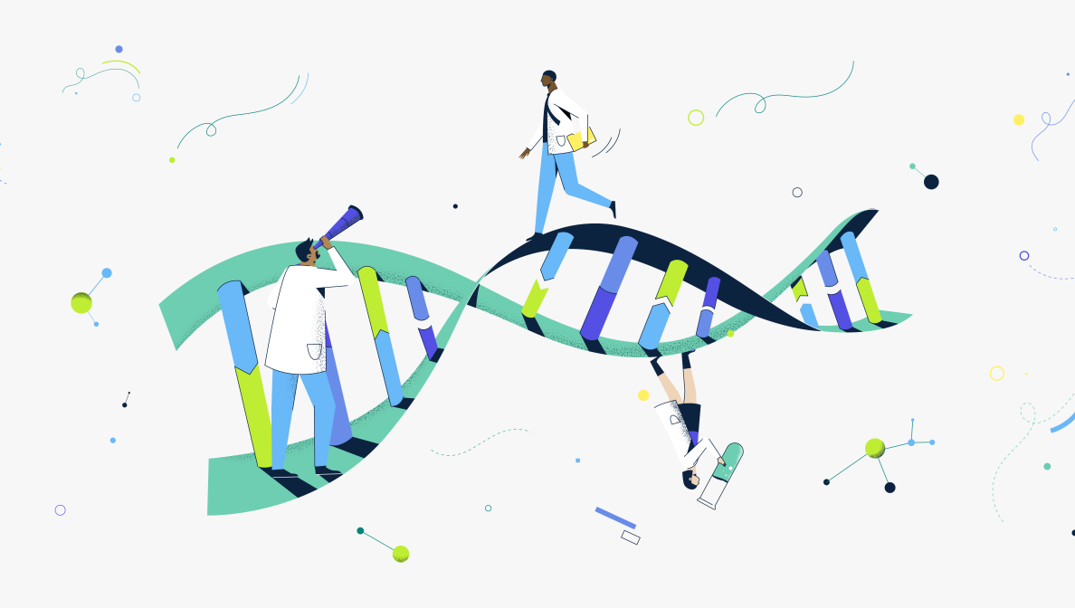 illustration of a helix with scientists