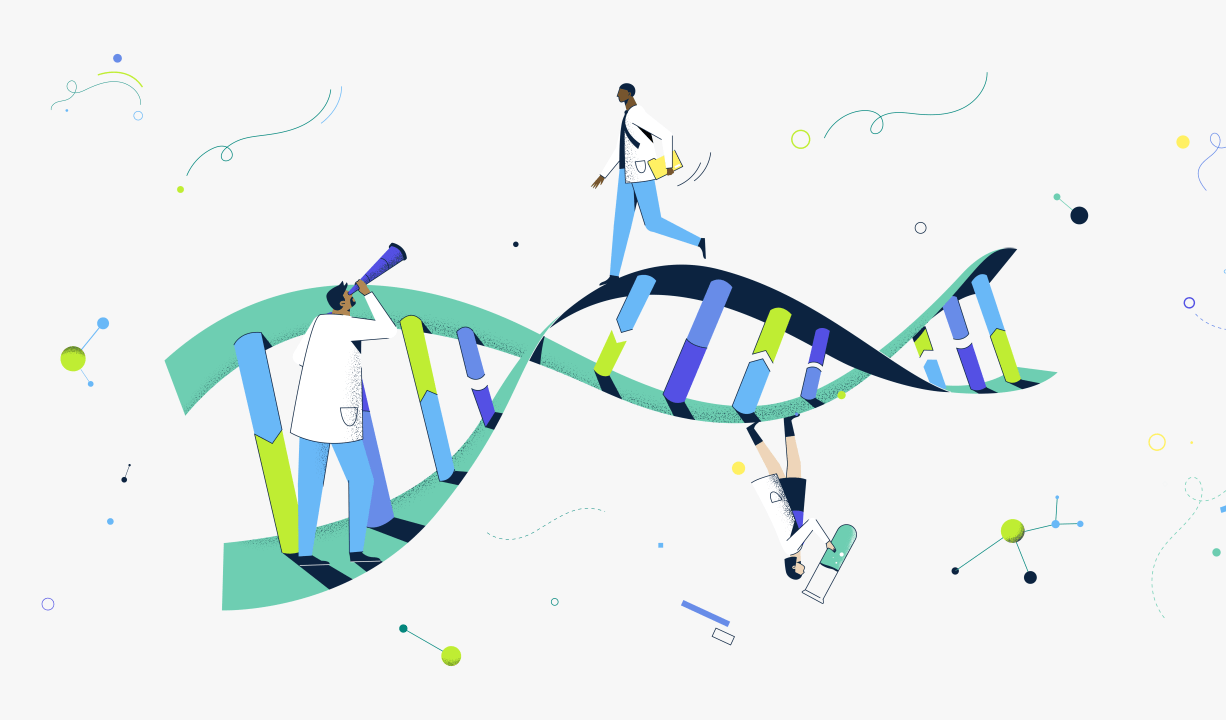 illustration of a helix with scientists