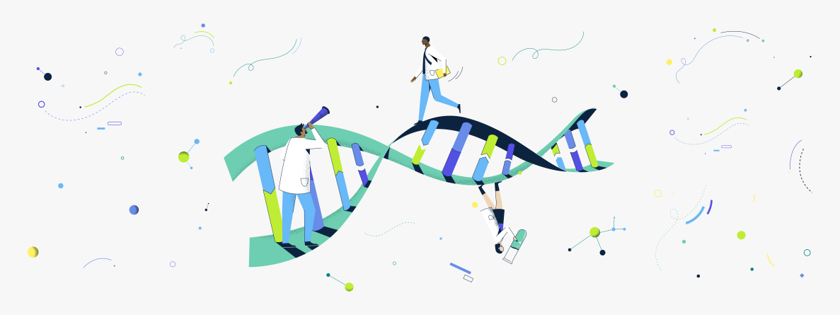 illustration of a helix with scientists