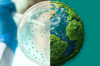 Split image showing a gloved hand holding a petri dish with greenish-blue microbial colonies on the left, and an artistic Earth covered in green foliage and blue oceans on the right