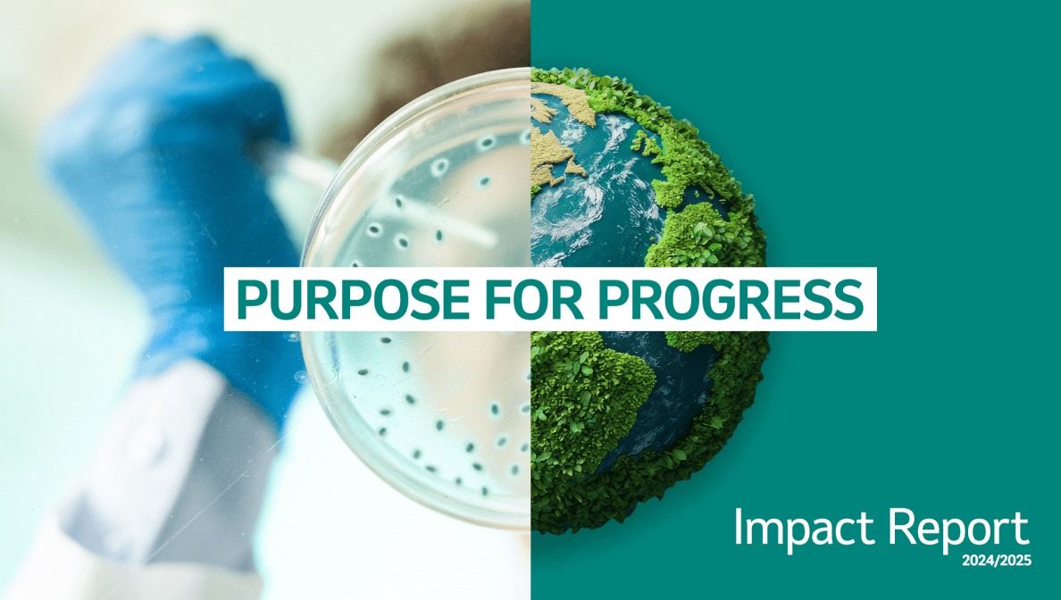 Split image showing a gloved hand holding a petri dish with greenish-blue microbial colonies on the left, and an artistic Earth covered in green foliage and blue oceans on the right