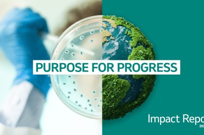 Split image showing a gloved hand holding a petri dish with greenish-blue microbial colonies on the left, and an artistic Earth covered in green foliage and blue oceans on the right
