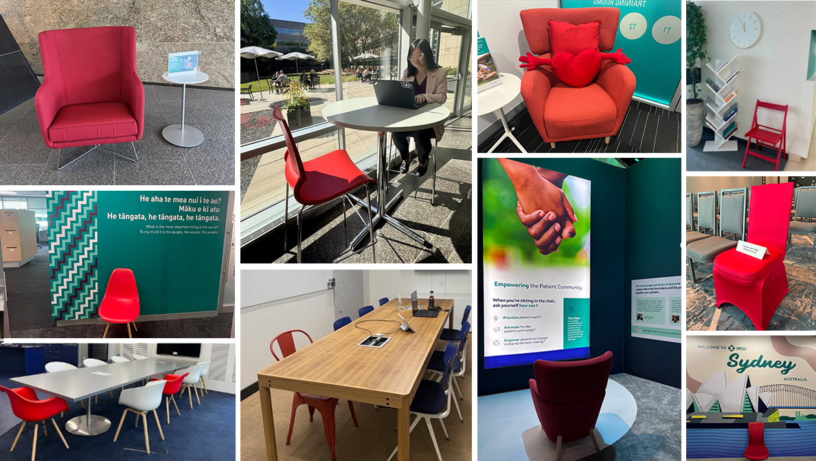a collage of red chairs in many different office locations, such as lab, conference room, lobby, workspace, etc.
