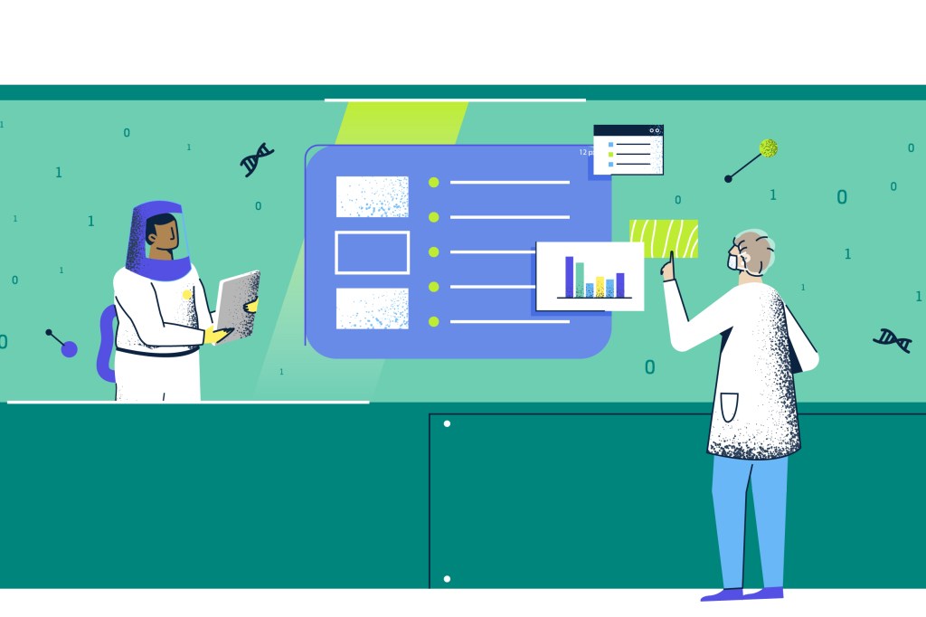 Illustration of people looking at workflow chart