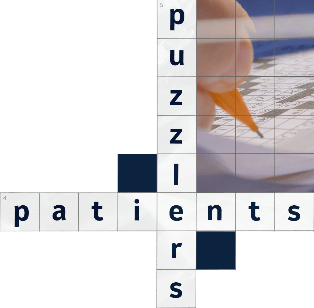 Artistic image of crossword puzzle and closeup of person's hand while working on a crossword puzzle