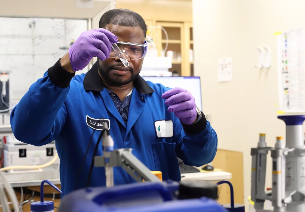 employee examining vial